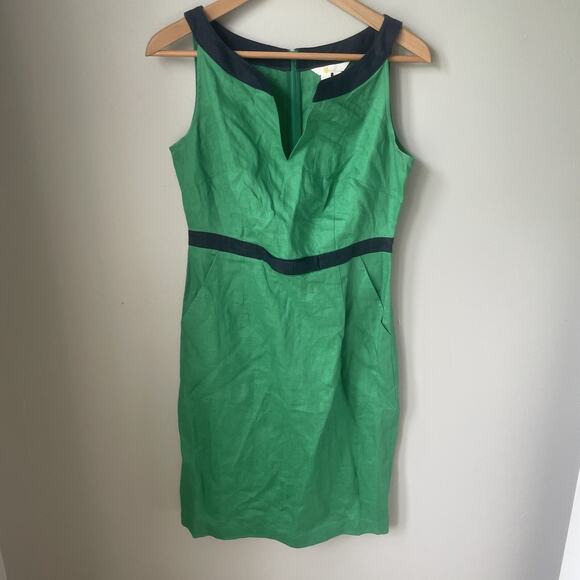 Boden Linen Sheath Dress‎ Womens Size 6R Green And Navy midi Bow - Picture 2 of 11